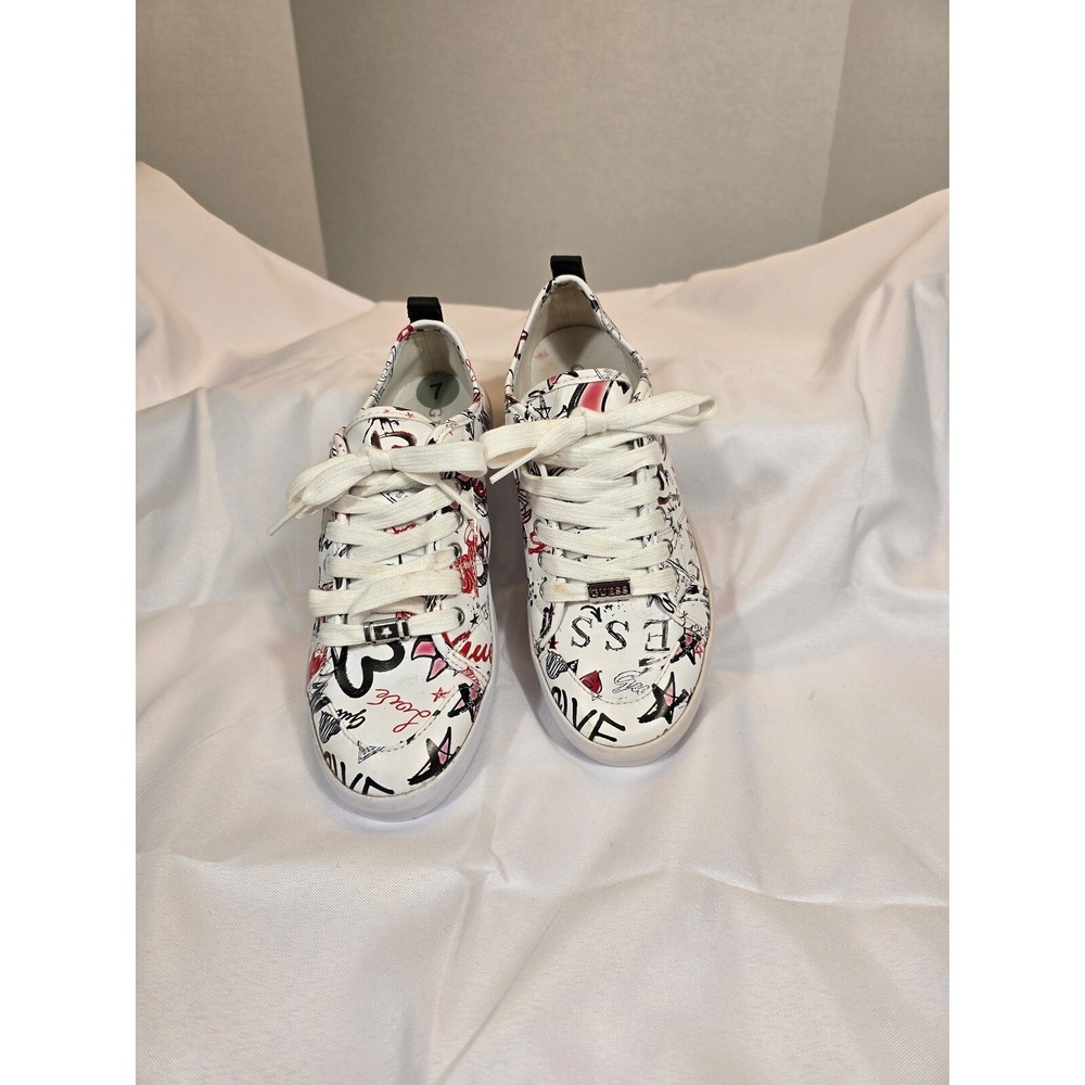 Guess Sneakers Low‎ Top Graffiti Print Lace Up Casual Shoes White Size 7M